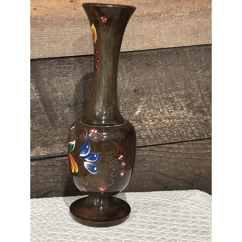 Vintage Handpainted Wood Floral Vase‎ - MCM Multicolor